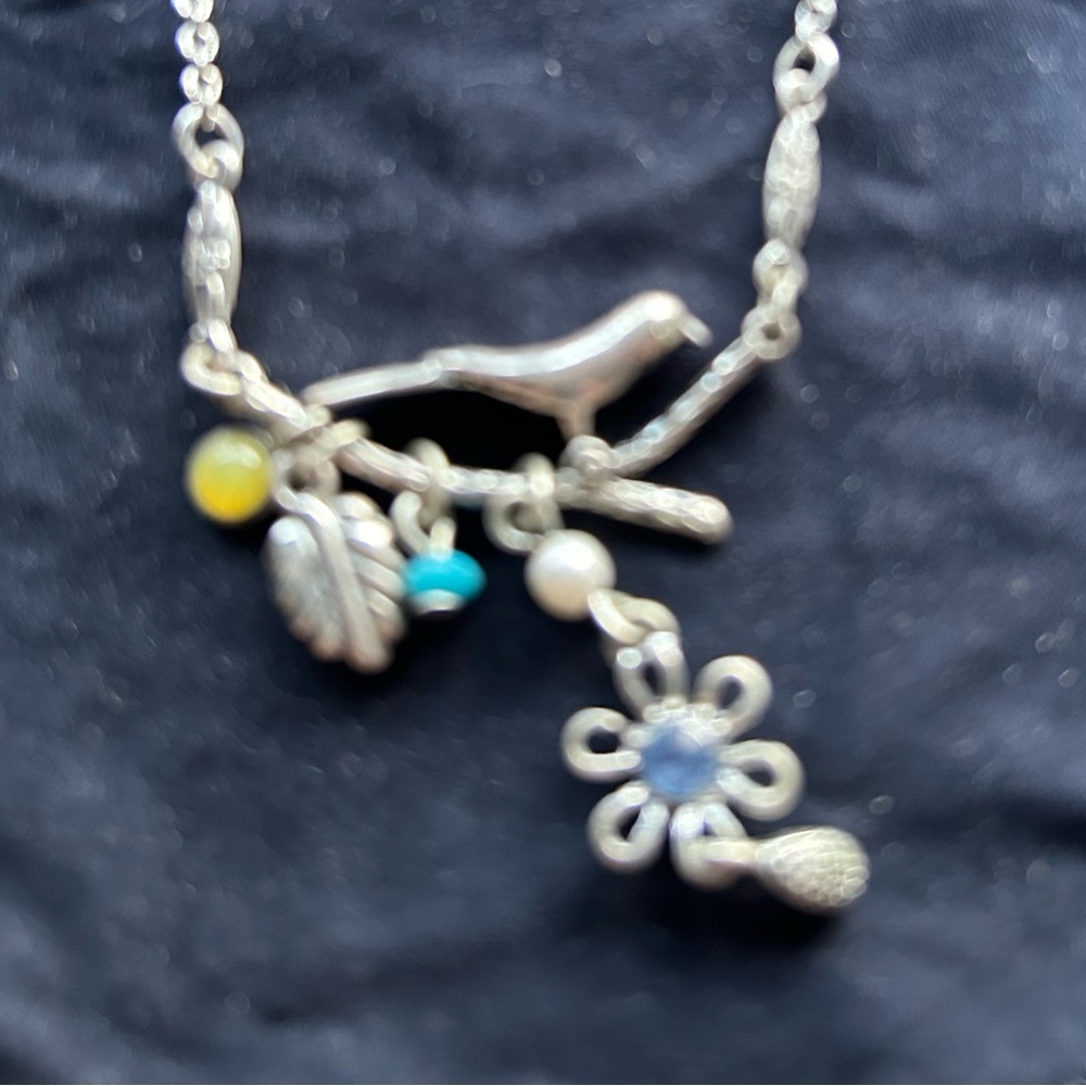 Bird on a branch with colorful charms Silver Chain Necklace